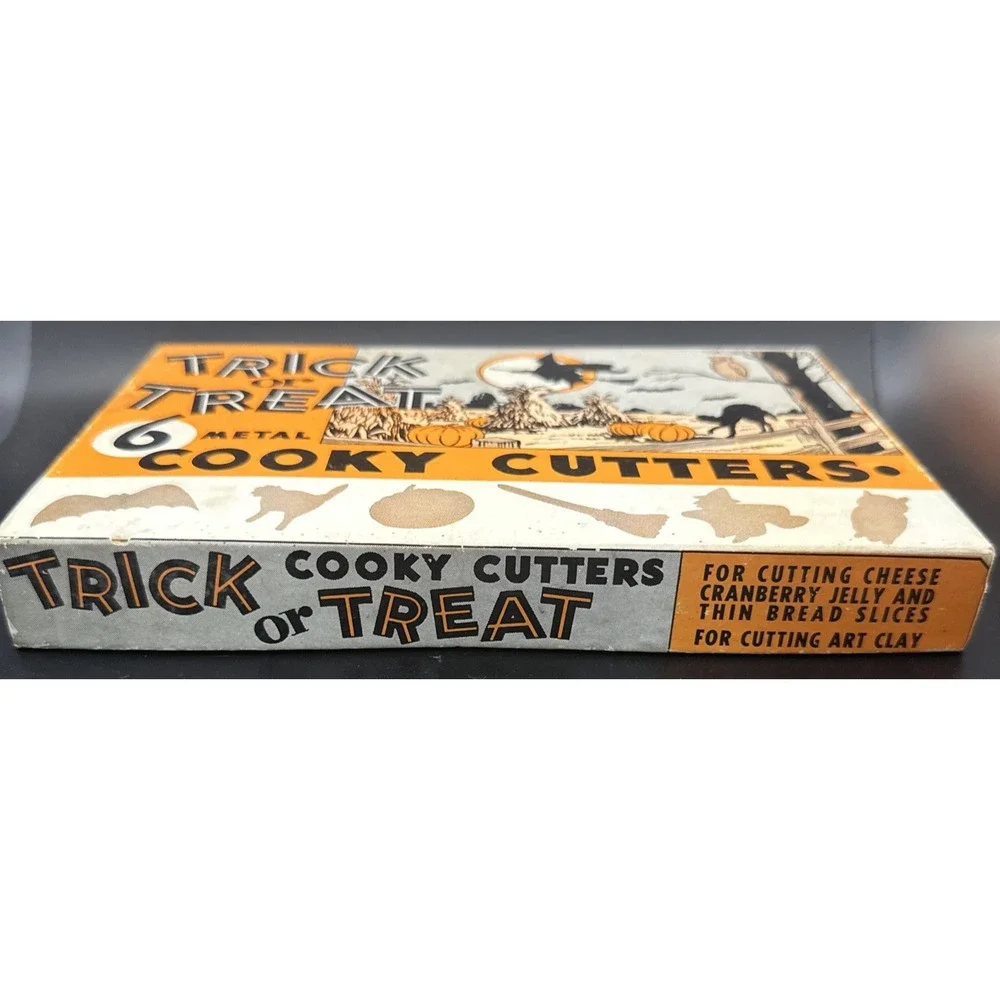 Vintage Trick or Treat Set of 6 Metal Halloween Cooky Cookie Cutters with Box
